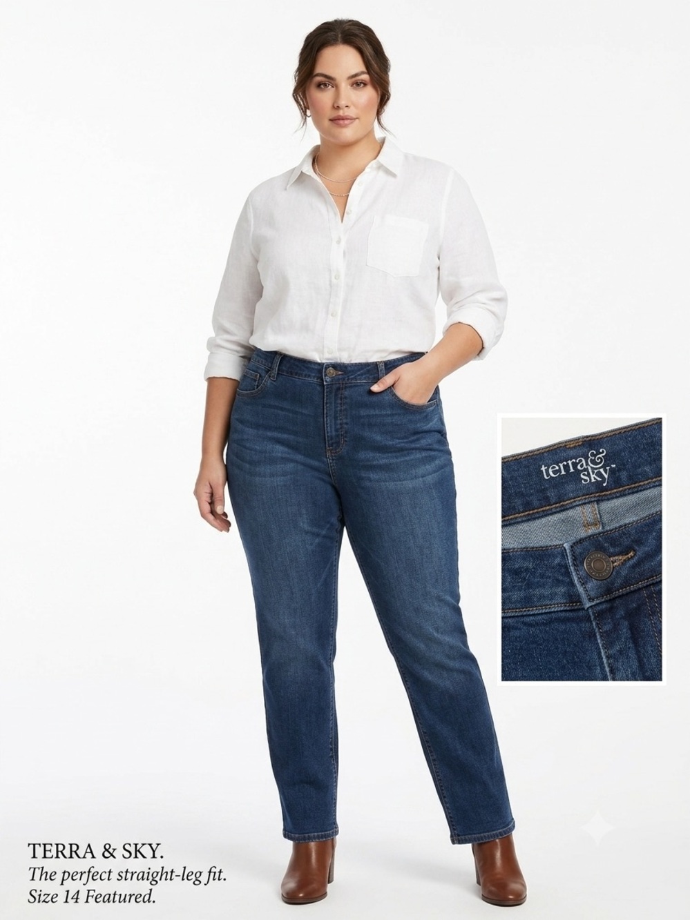 Terra & Sky Relaxed Straight Jeans in Dark Blue Denim